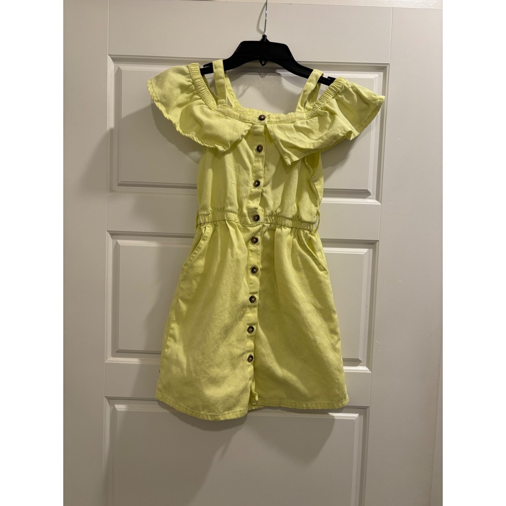 Chillipop Girls Yellow Denim Cold Shoulder Ruffle Button Front Dress Size 10/12